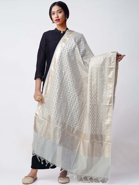 Unnati Silks Cream-Coloured & Silver-Coloured Banarasi Woven Design Sustainable Dupatta