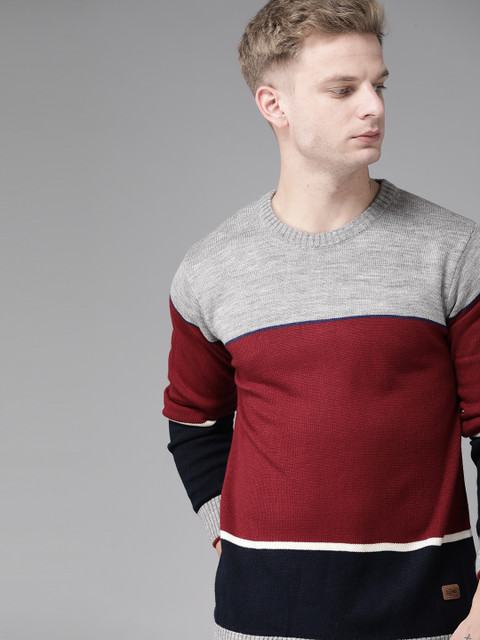 Roadster Men Maroon & Grey Melange Colourblocked Acrylic Pullover Sweater
Roadster Men Maroon & Grey Melange Colourblocked Acrylic Pullover Sweater