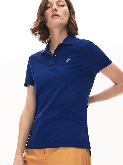 Lacoste Women Blue Solid Polo Collar T-shirt