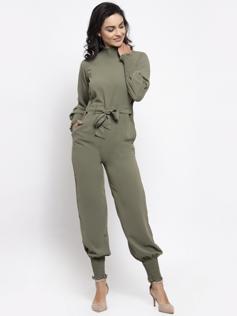 Jompers Women Olive Green Solid Basic Jumpsuit
