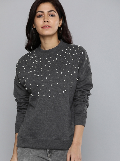 Mast & Harbour Women Charcoal & Off-White Embellished Sweatshirt
