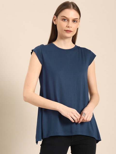 ETHER Women Navy Blue Solid Styled Back Top