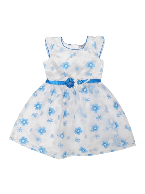 Doodle Girls Blue & White Printed Fit and Flare Dress
