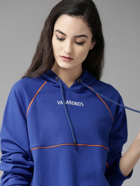 Roadster Women Blue Solid Hooded Sweatshirt