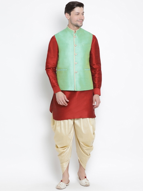 VASTRAMAY Men Maroon & Green Solid Kurta with Dhoti Pants