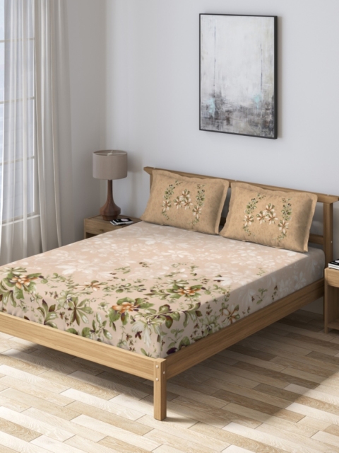 DDecor Beige & Green Floral 160 TC Cotton 1 Queen Bedsheet with 2 Pillow Covers