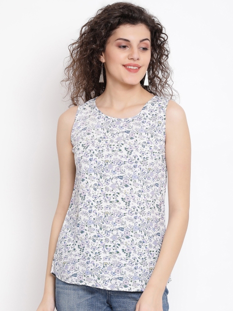 Oxolloxo Women White & Blue Printed Top
