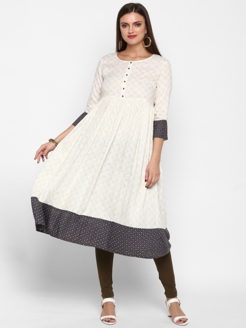 Teal19 Women White Woven Design A-Line Kurta