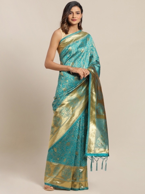 Amegh Turquoise Blue & Gold-Toned Silk Blend Woven Design Banarasi Saree