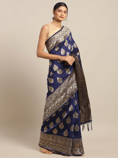 Amegh Navy Blue & Gold-Toned Silk Blend Woven Design Banarasi Saree