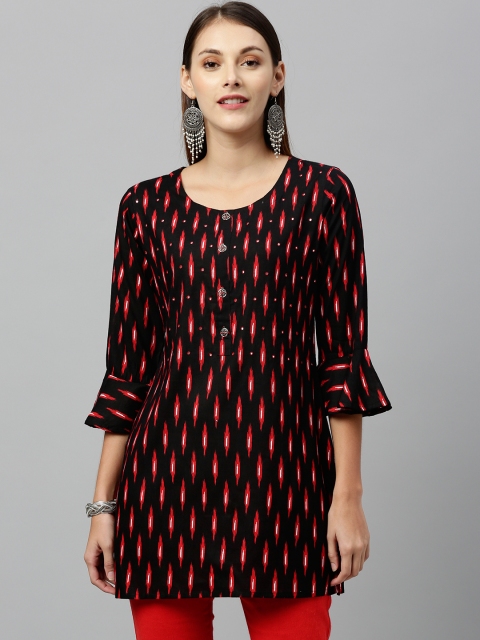kipek Women Black & Red Ikat Printed Mirror Work Straight Kurti