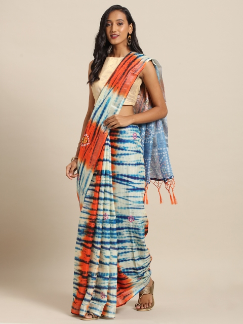 VASTRANAND Orange & Blue Linen Blend Ikat Shibori Printed Bandhani Saree