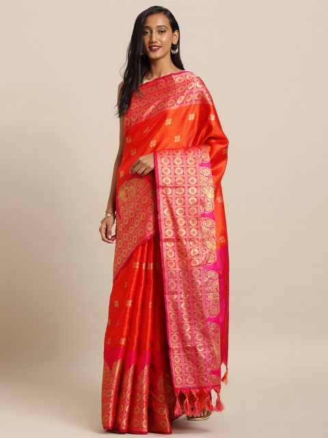 VASTRANAND Orange & Gold-Toned Silk Blend Woven Design Kanjeevaram Saree