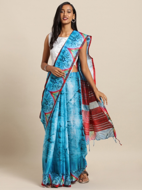 VASTRANAND Blue & Navy Blue Linen Blend Dyed ShiboriSaree