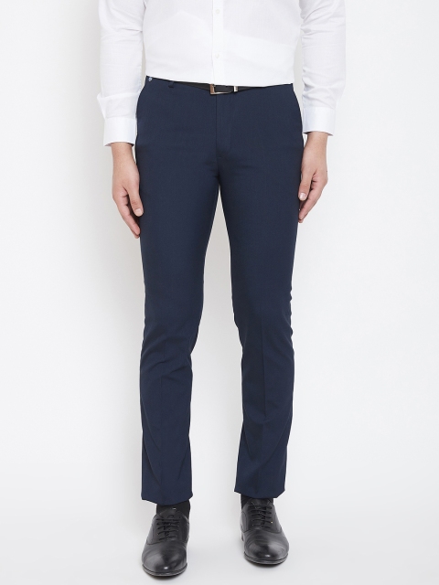 Canary London Men Navy Blue Solid Smart Slim Fit Formal Trousers
