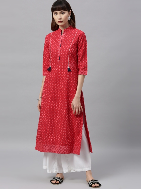 ETIQUETTE Women Red & White Woven Design Straight Kurta
