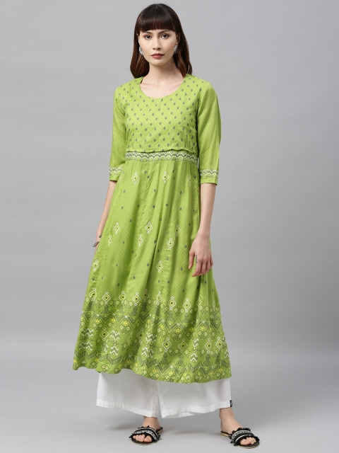 ETIQUETTE Women Green & Navy Blue Printed Anarkali Kurta