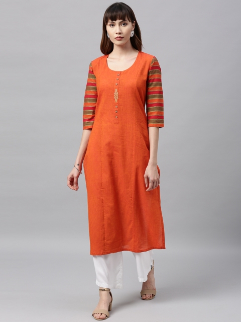 ETIQUETTE Women Orange Solid Straight Kurta
