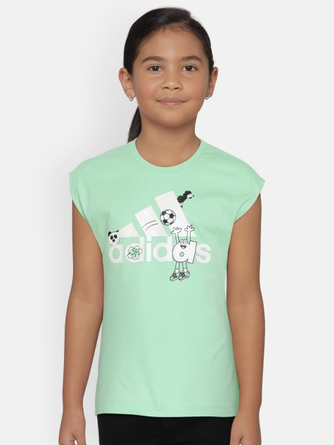 ADIDAS Girls Green Brand Logo Print Art T-shirt