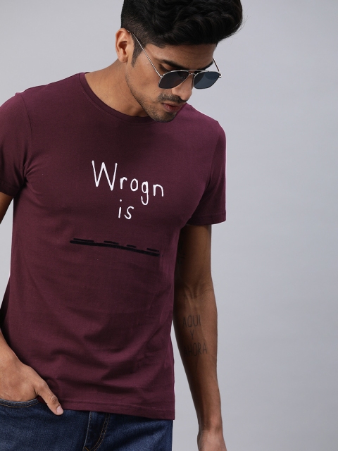 WROGN Men Burgundy Printed Round Neck T-shirt
