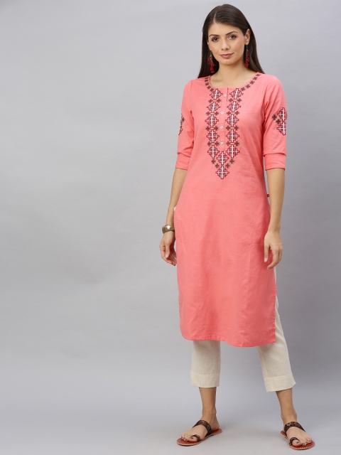 Alena Women Peach-Coloured Embroidered Straight Kurta