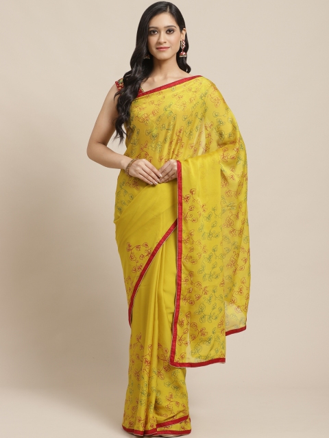 SUTRAM Mustard Yellow & Red Printed Saree
