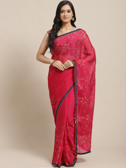 SUTRAM Pink & Golden Pure Georgette Floral Printed Saree