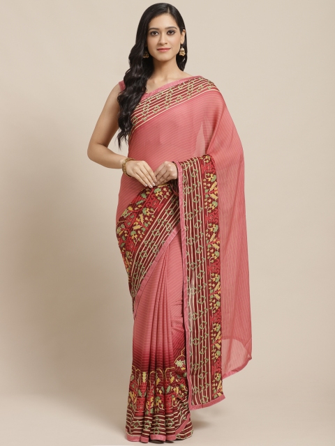 SUTRAM Dusty Pink & Yellow Striped Pure Georgette Saree