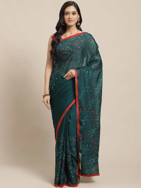 SUTRAM Green & White Pure Georgette Floral Printed Saree