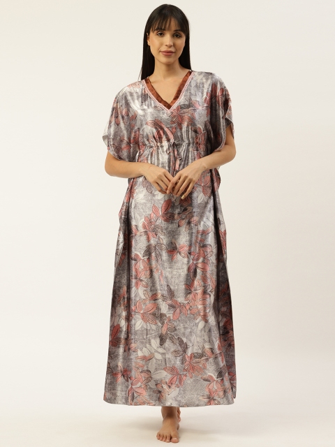 Sweet Dreams Women Grey & Rust Orange Satin Finish Floral Print Kaftan Maxi Nightdress
Sweet Dreams Women Grey & Rust Orange Satin Finish Floral Print Kaftan Maxi Nightdress