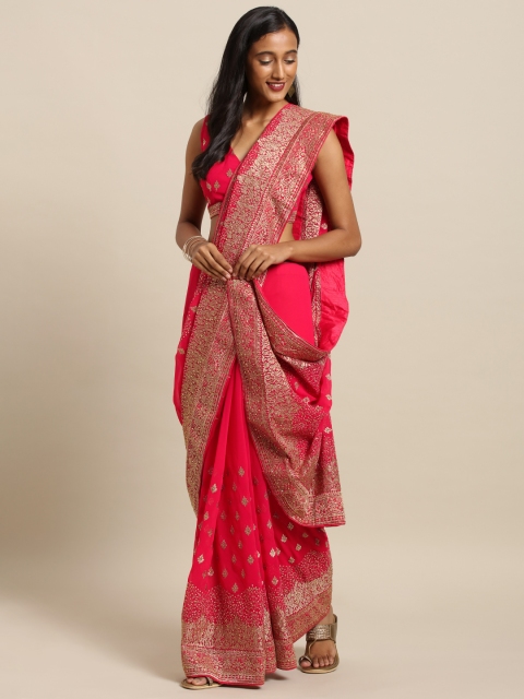 Soch Coral Pink Embroidered Pure Georgette Saree