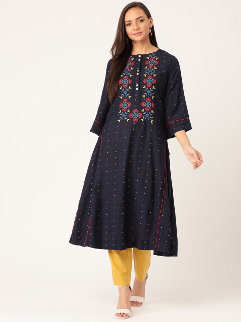 Moda Rapido Women Navy Blue & Red Printed A-Line Kurta