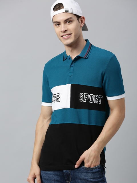 HERENOW Men Teal Blue Black Colourblocked Polo Collar Pure Cotton T-shirt With Printed Detailing
HERENOW Men Teal Blue Black Colourblocked Polo Collar Pure Cotton T-shirt With Printed Detailing