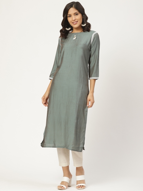 shiloh Women Grey & Off-White Solid Kurta with Trousers