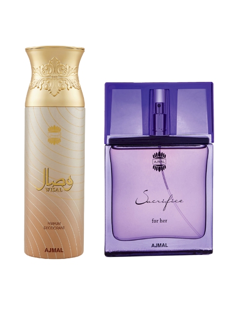 Ajmal Set of Women Wisal Perfume Deodorant 200 ml & Sacrifice For HER EDP 50 ml, Purple
Ajmal Set of Women Wisal Perfume Deodorant 200 ml & Sacrifice For HER EDP 50 ml, Purple