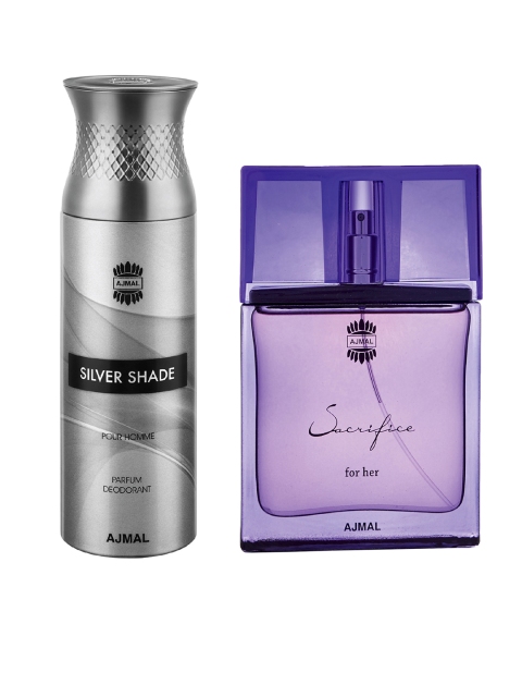 Ajmal Unisex Set Of 2 Sacrifice for Her EDP 50ML & Silver Shade Dhahab Deodorant 200ML, Purple
Ajmal Unisex Set Of 2 Sacrifice for Her EDP 50ML & Silver Shade Dhahab Deodorant 200ML, Purple