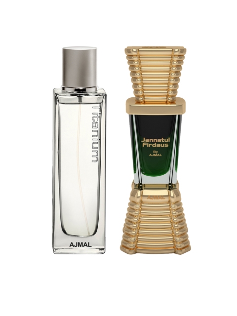 Ajmal Unisex Set of 2 Titanium EDP Perfume for Skin 100ml & Jannatul Firdaus Attar 10ml, Silver
Ajmal Unisex Set of 2 Titanium EDP Perfume for Skin 100ml & Jannatul Firdaus Attar 10ml, Silver