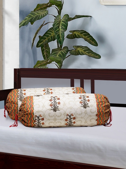 Rajasthan Decor Set Of 2 White & Green Screen Printed Bolster Covers
