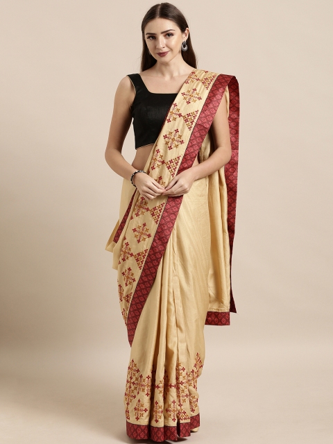 The Chennai Silks Beige Solid Silk Blend Saree