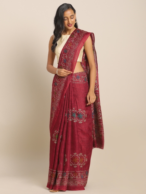 KALINI Maroon Printed Jute Cotton Saree