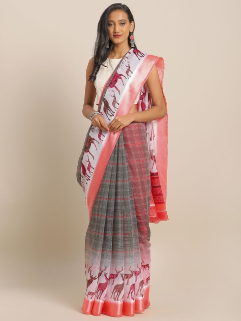 KALINI Grey & Pink Linen Blend Checked Saree