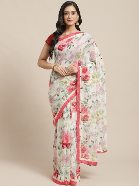 Vipul Off-White & Pink Floral Printed Saree