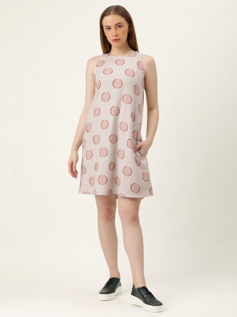 MERAKI Women Beige & Rust Red Printed A-Line Sustainable Dress