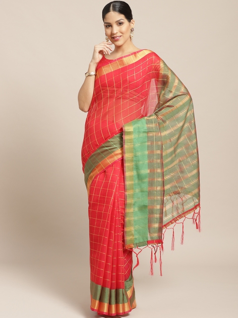 Chhabra 555 Pink & Green Checked Banarasi Saree
