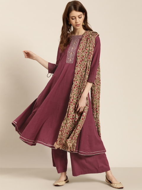 Sangria Women Purple Embroidered Flared Anarkali Kurta Palazzo & Printed Dupatta Set, Maroon
Sangria Women Purple Embroidered Flared Anarkali Kurta Palazzo & Printed Dupatta Set, Maroon