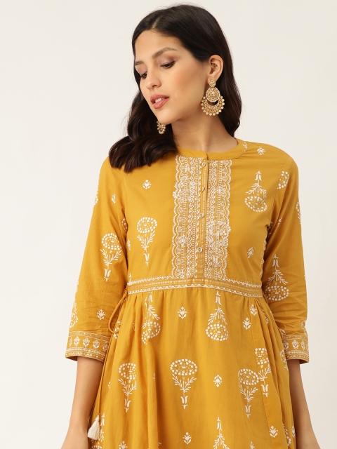 Sangria Women Mustard Yellow Floral Khari Print Embroidered Anarkali Kurta with Palazzos
Sangria Women Mustard Yellow Floral Khari Print Embroidered Anarkali Kurta with Palazzos