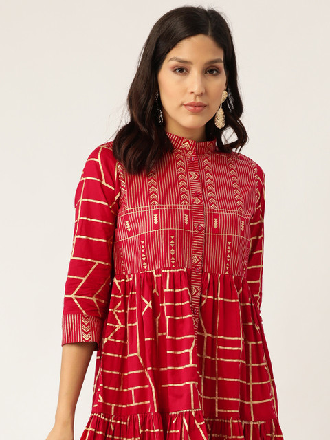 Sangria Women Pink & Golden Khari Print Tiered A-Line Kurta
Sangria Women Pink & Golden Khari Print Tiered A-Line Kurta
