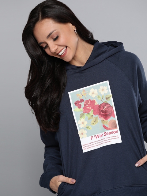Mast & Harbour Women Navy Blue & Green Floral Printed Hooded Sweatshirt