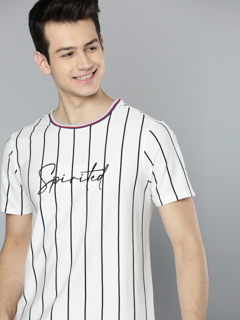 Mast & Harbour Men White & Navy Blue Striped Round Neck T-shirt