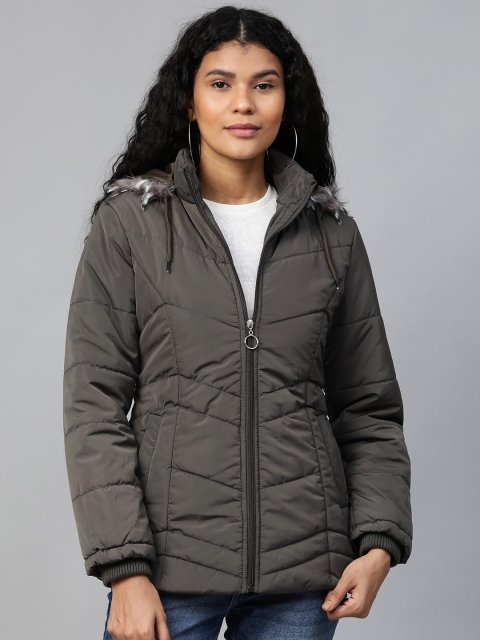 Foreign Culture By Fort Collins Women Charcoal Grey Solid Lightweight Hooded Parka Jacket